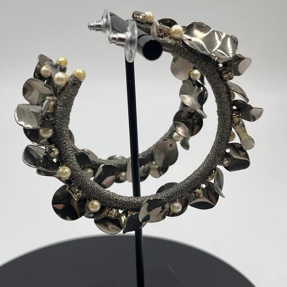 Deepa Gurnani Faux Pearl Rhinestone Gunmetal Disc Beaded Large Hoop Earrings - Picture 1 of 9